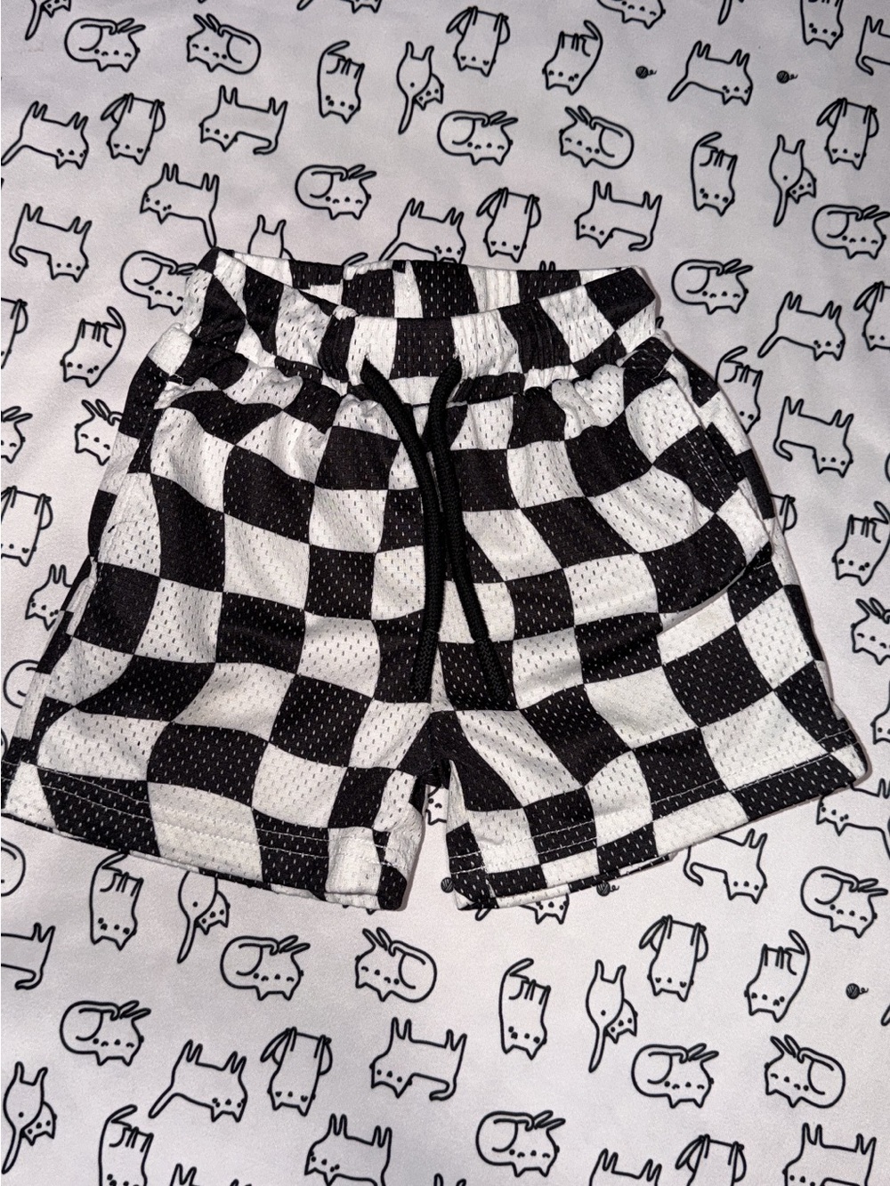 Little trouble Black & White Checkerboard Mesh Shorts with Drawstring